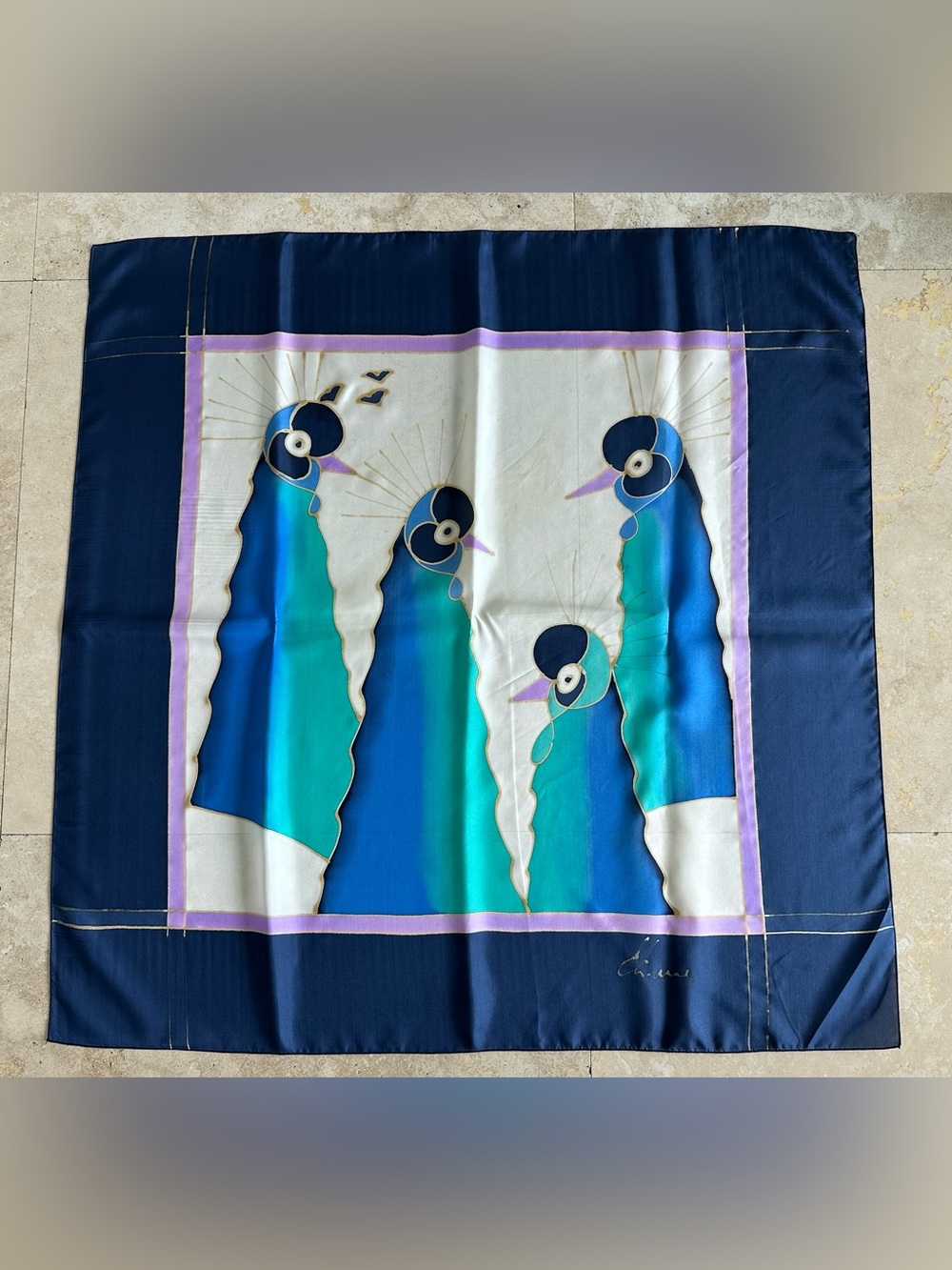 Vintage Diane Freis Silk Scarf Hand Painted Heron Bird Motif 80s Boho Art Deco